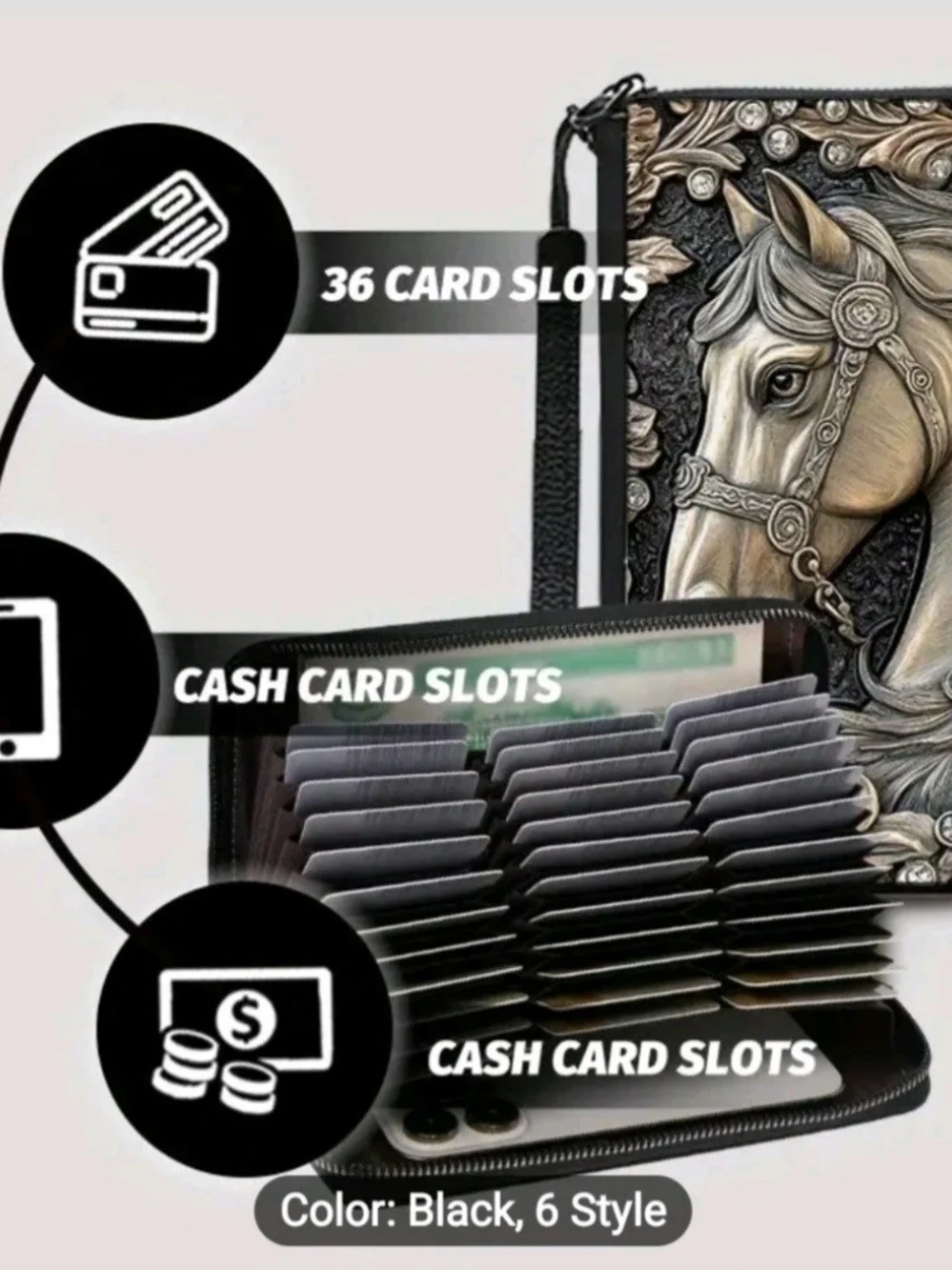 Horse Embossed Relief Full Zip Multi-Card Wallet/Phone Case W/Wristlet Strap
